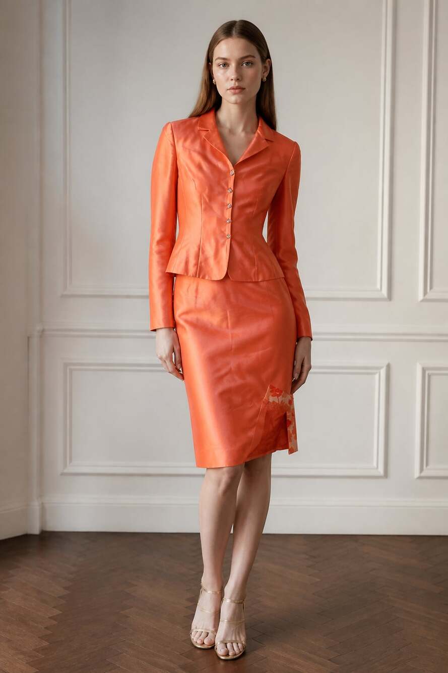 Kasper A.S.L. Petite 100% Silk 2-Piece Orange Suit Skirt Blazer Set Size 8P